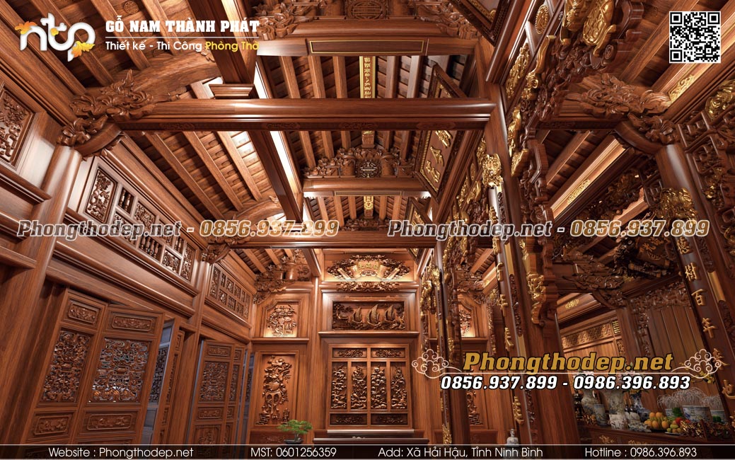 Kết cấu nhà gỗ 3 gian nội thất đỉnh nóc kịch trần